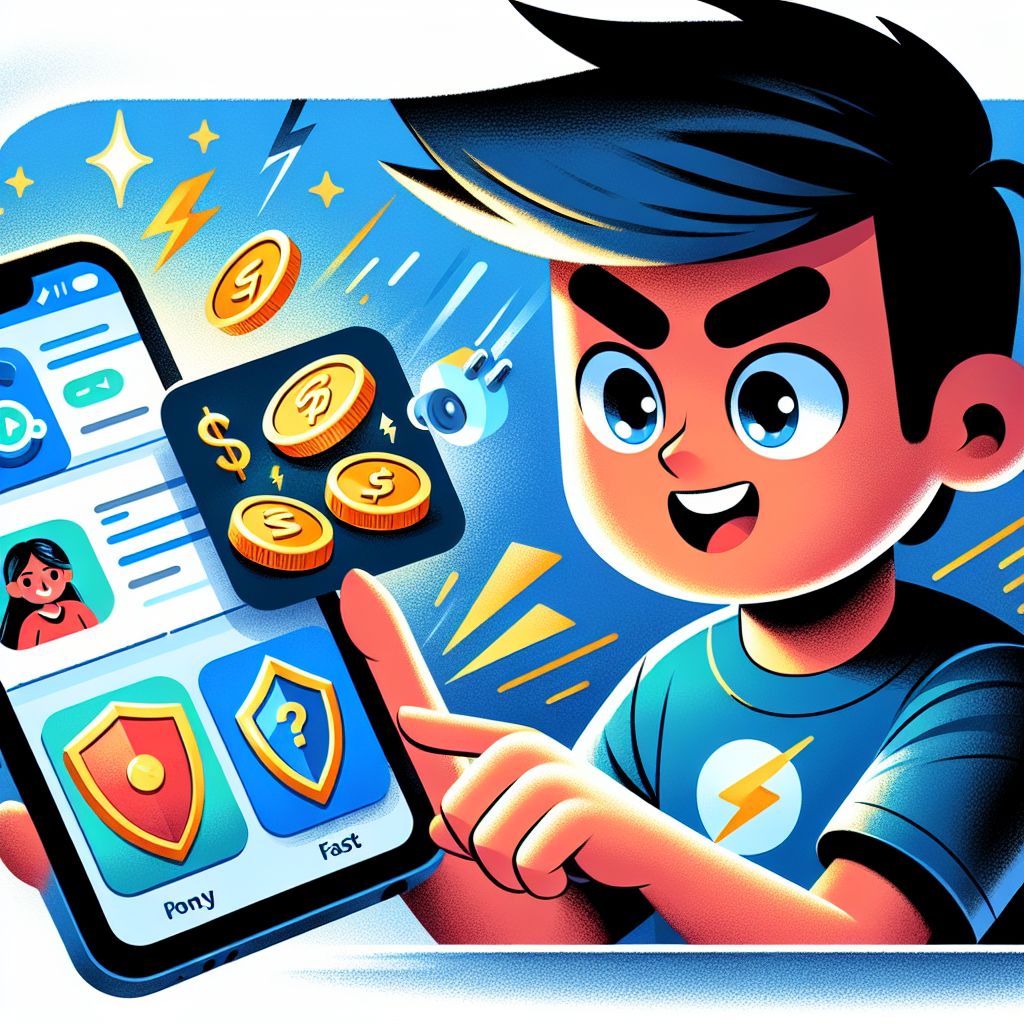 BGD8888 app themed cartoon character holding a smartphone with game icons and coins