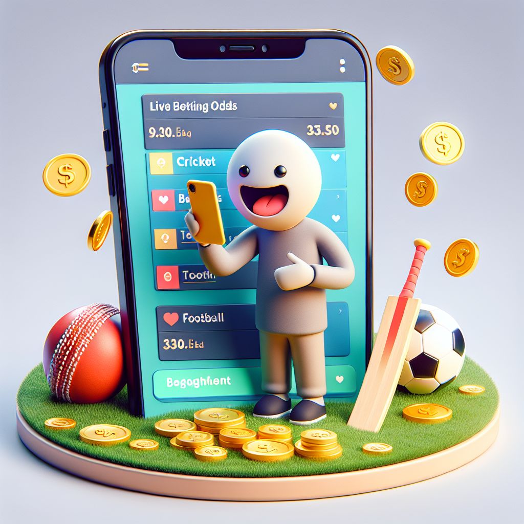BGD8888 cartoon sports bettor with cricket and football icons, odds board, and coins