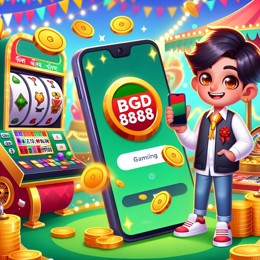 BGD8888 casino themed cartoon character with coins, cards, roulette wheel and a mobile phone