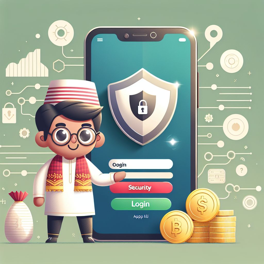 Cartoon character using a phone to sign in with a shield icon and coins
