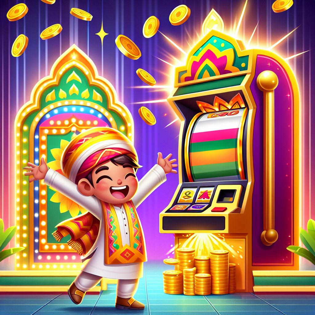 Cartoon style character spinning a slot machine with coins and jackpot symbols